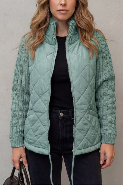 Norcetta Quilted Cable Knit Sleeve Zip Up Jacket - Mint