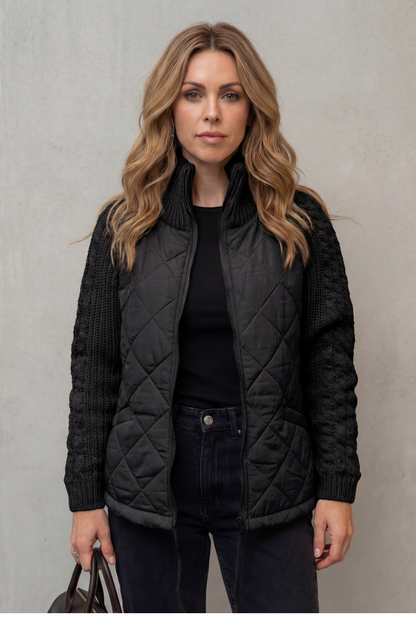Norcetta Quilted Cable Knit Sleeve Zip Up Jacket