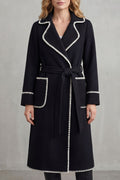 Olivia Contrast Trim Belted Longline Wrap Coat - Black