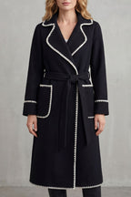 Olivia Contrast Trim Belted Longline Wrap Coat - Black