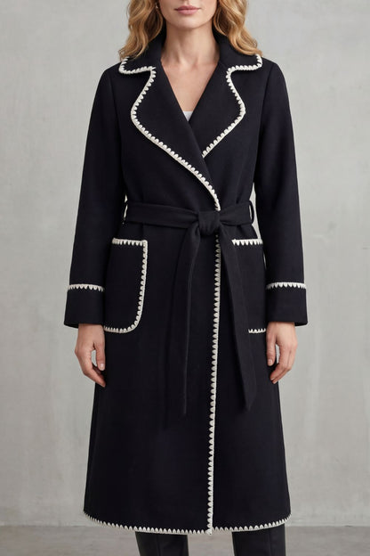 Olivia Contrast Trim Belted Longline Wrap Coat - Black