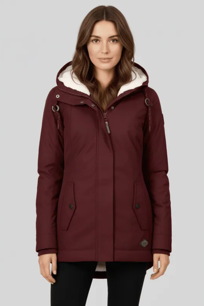 Mira Fleece Lined Hooded Longline Parka Coat - Burgundy
