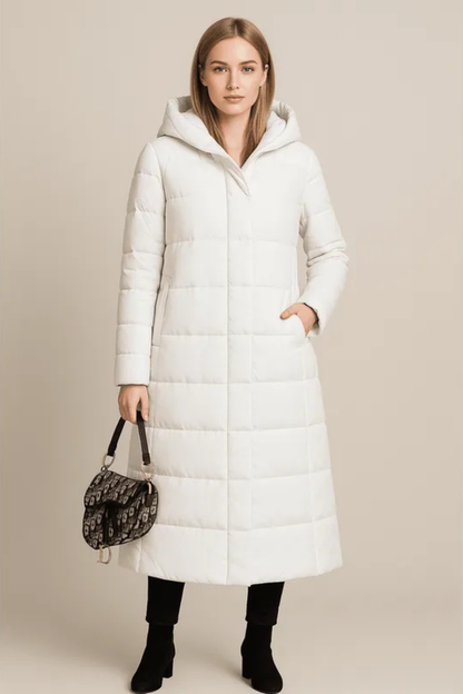 Rhea Hooded Quilted Longline Puffer Coat - White