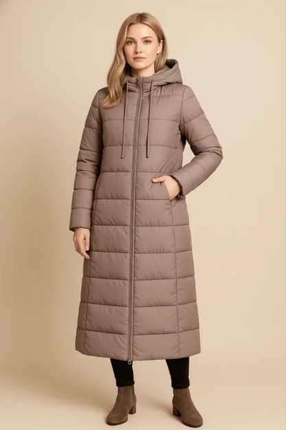 Rhea Hooded Quilted Longline Puffer Coat - Khaki
