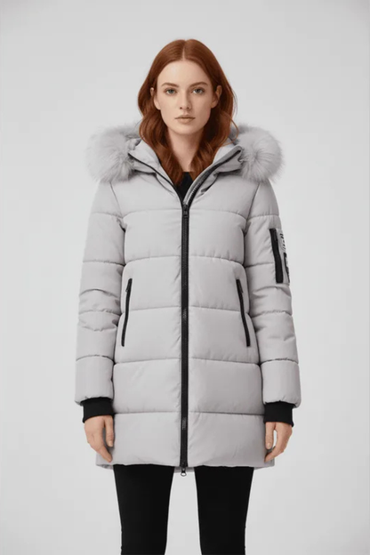Sorelle Faux Trim Hooded Longline Puffer Coat - Gray