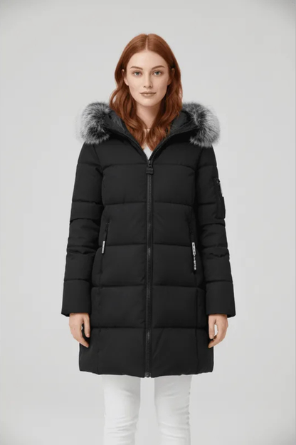 Sorelle Faux Trim Hooded Longline Puffer Coat - Black