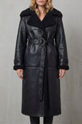 Ravienne Oversized Shearling Trim Belted Longline Aviator Coat - Black