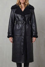 Ravienne Oversized Shearling Trim Belted Longline Aviator Coat - Black