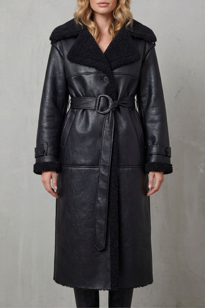 Ravienne Oversized Shearling Trim Belted Longline Aviator Coat - Black