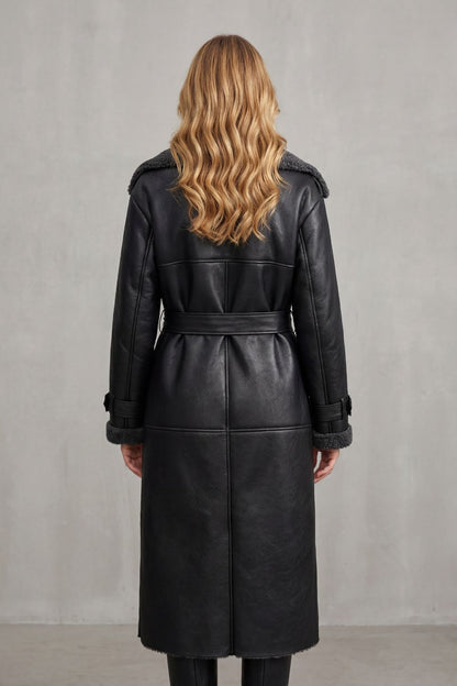 Ravienne Oversized Shearling Trim Belted Longline Aviator Coat