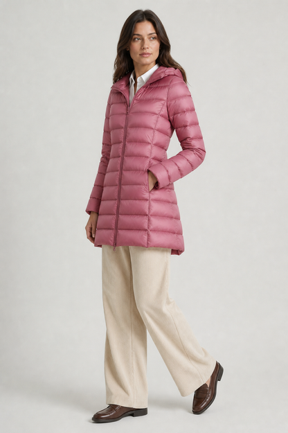 ROSIE | HOODED QUILTED LONGLINE PUFFER COAT - Pink