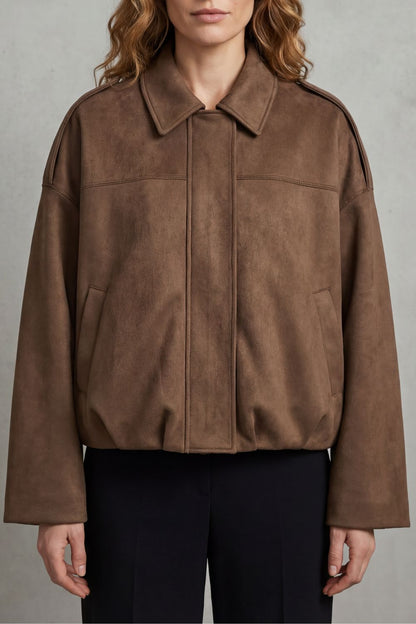 Solenné Suede Pleated Oversized Bomber Jacket - Brown