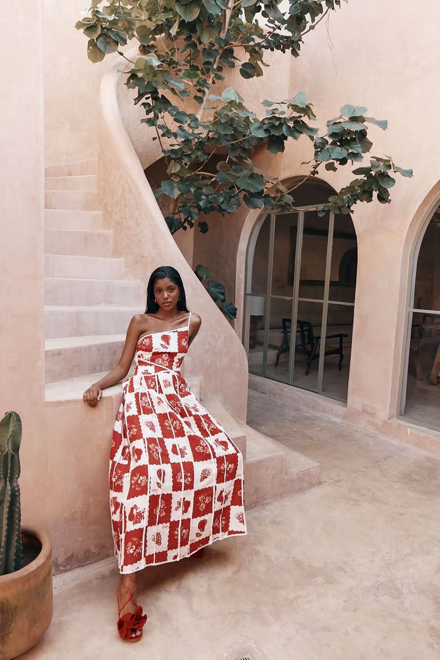 Back view of maxi dress showing wrapped straps and patchwork design