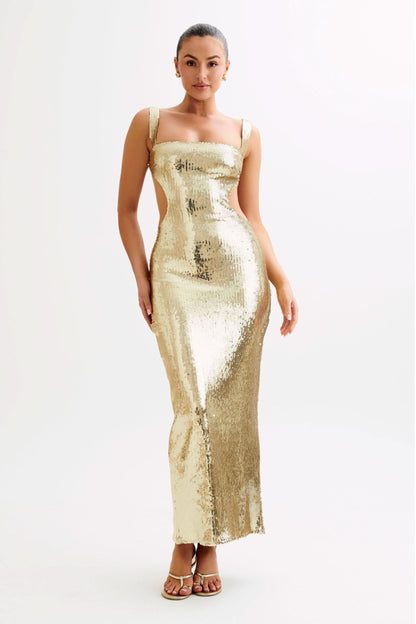 Gold sequin maxi dress with square neckline and tank straps