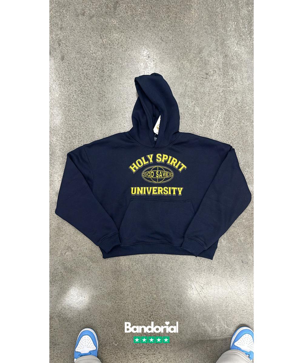 Navy hoodie with yellow Holy Spirit University God Saves graphic on front
