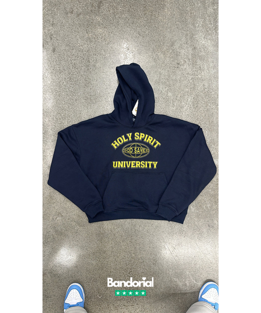 Navy hoodie with yellow Holy Spirit University God Saves graphic on front