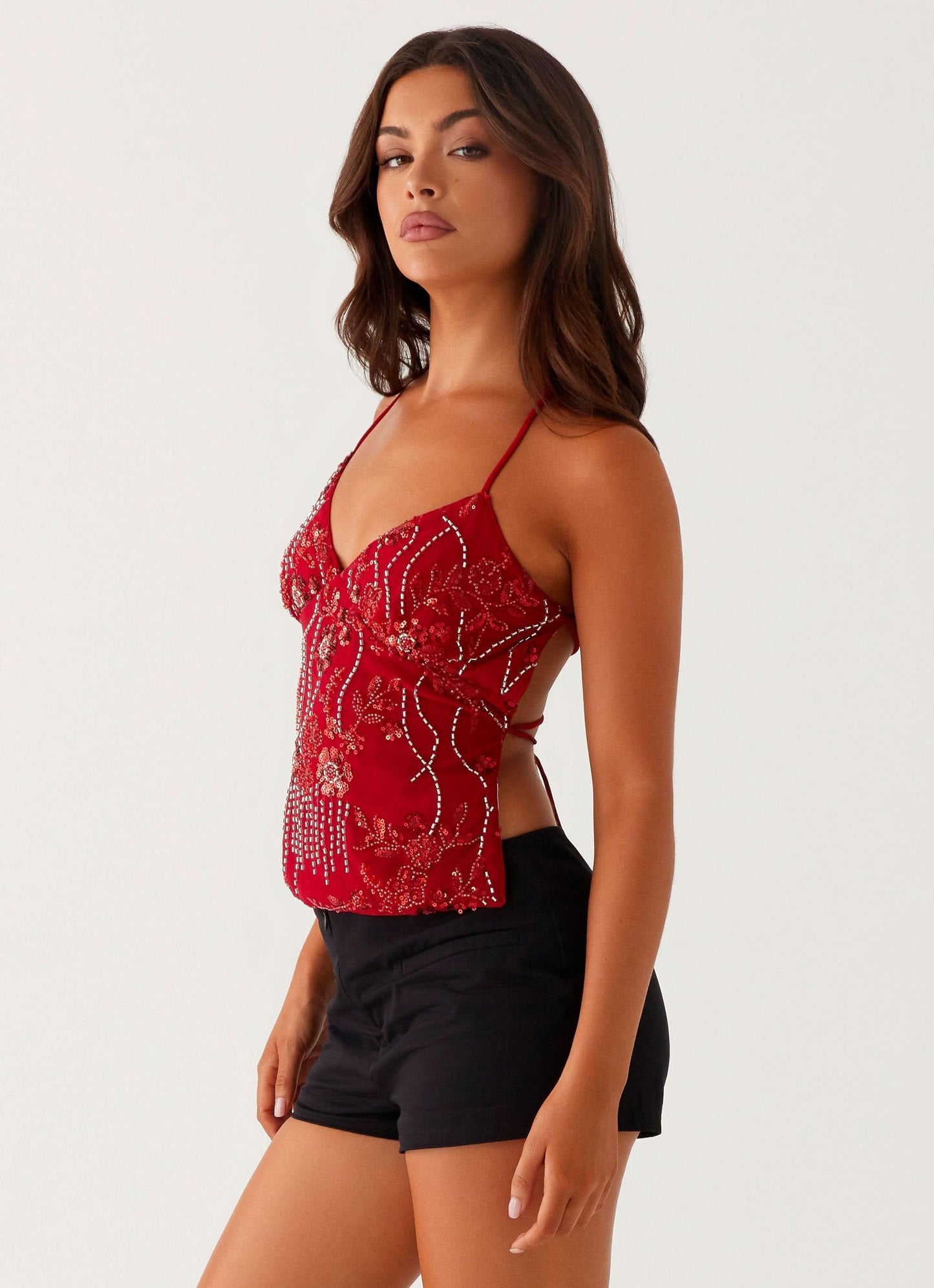 Sage green sequin camisole with floral beaded embellishment