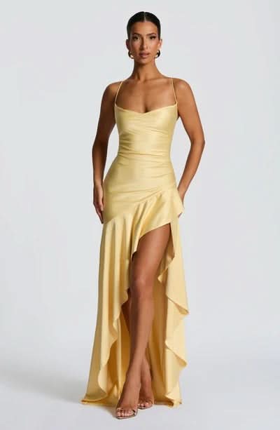 Black ruched cowl neck maxi dress with asymmetrical high-low hem