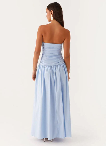 Light blue strapless maxi dress with gathered bodice, back view showing drape