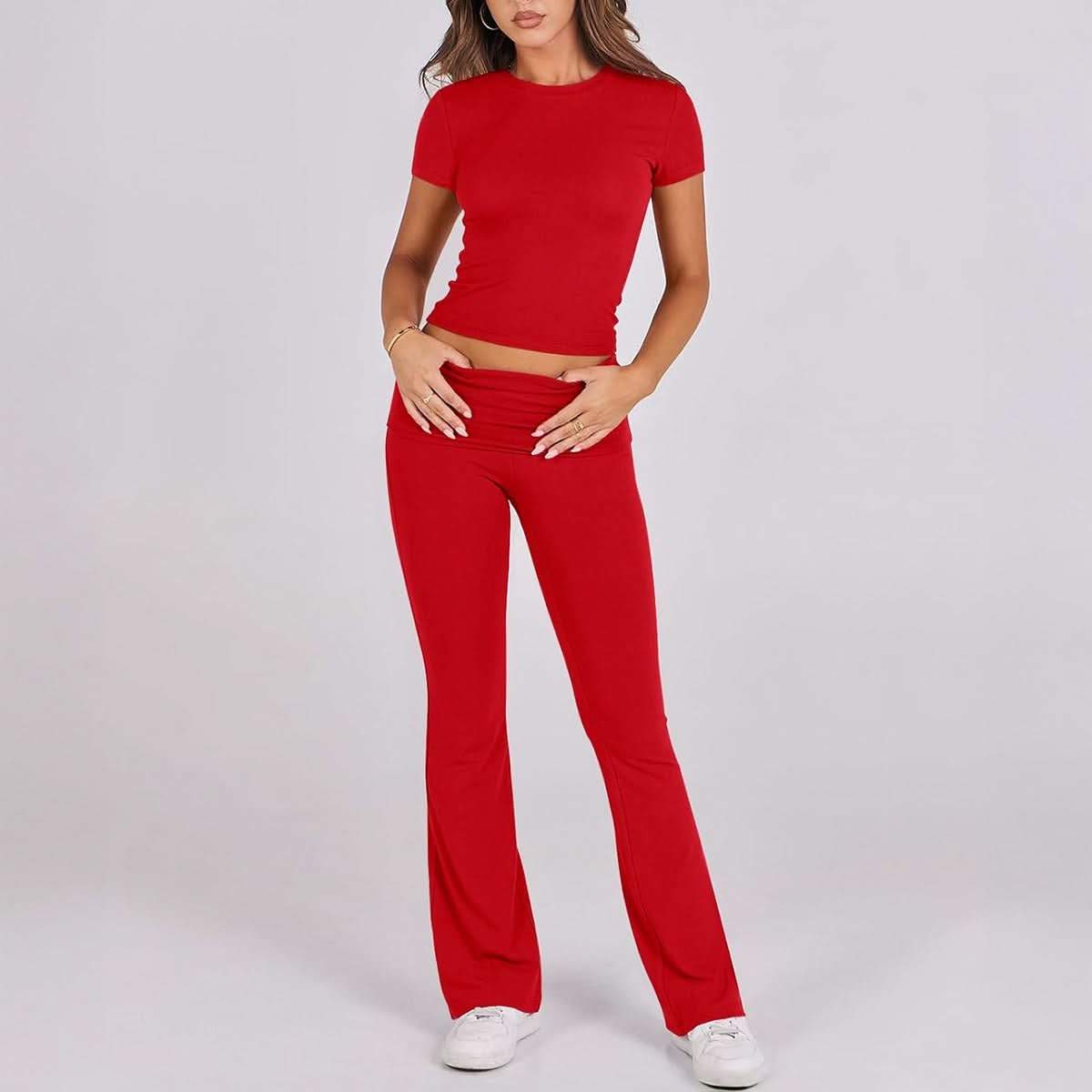Bright red short-sleeve crop top and flare pants two-piece