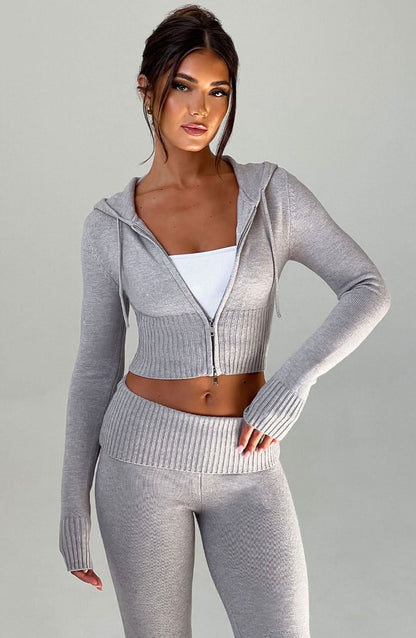 Gray ribbed knit crop hoodie with zip front and matching high-waisted leggings