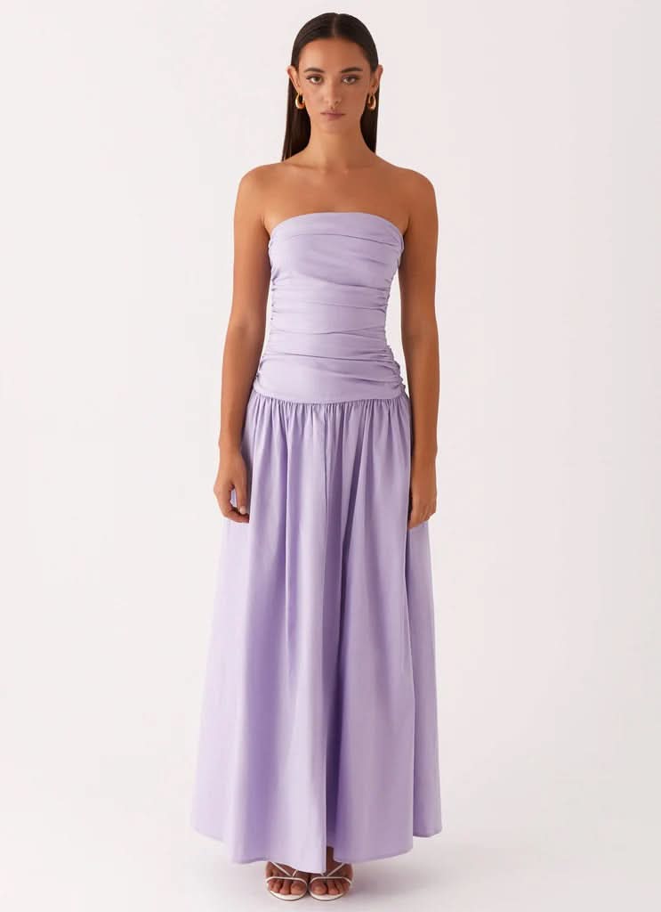 Lavender strapless maxi dress with gathered bodice and full skirt, front view