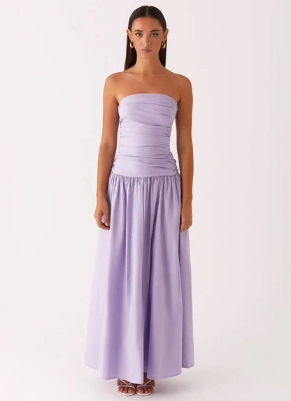 Lavender strapless maxi dress with gathered bodice and full skirt, front view