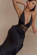 Women's Wedding Guest Halter Plunge Lace Waist Maxi Dress - product image 4
