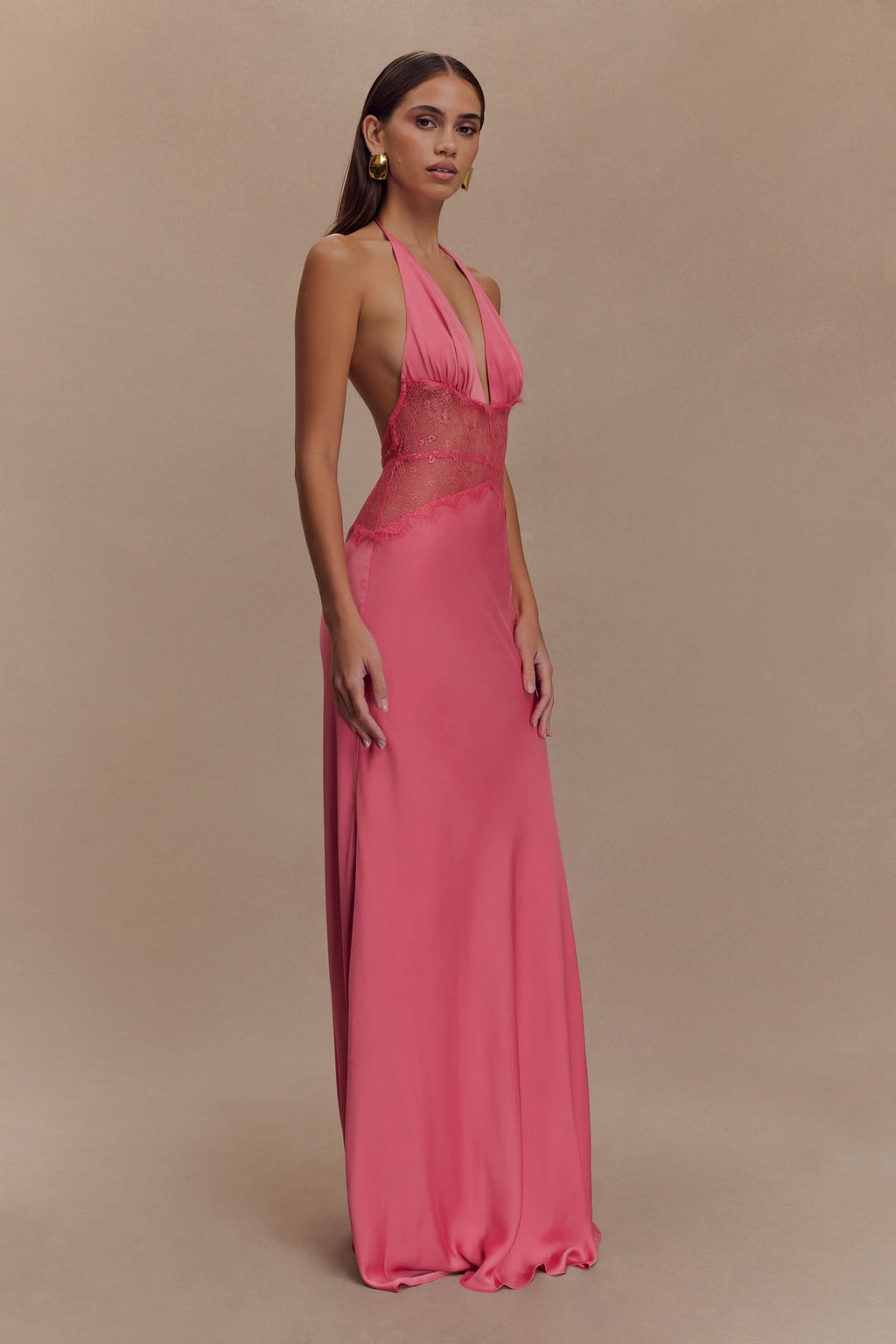 Women's Wedding Guest Halter Plunge Lace Waist Maxi Dress - product image 7