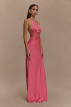 Women's Wedding Guest Halter Plunge Lace Waist Maxi Dress - product image 7