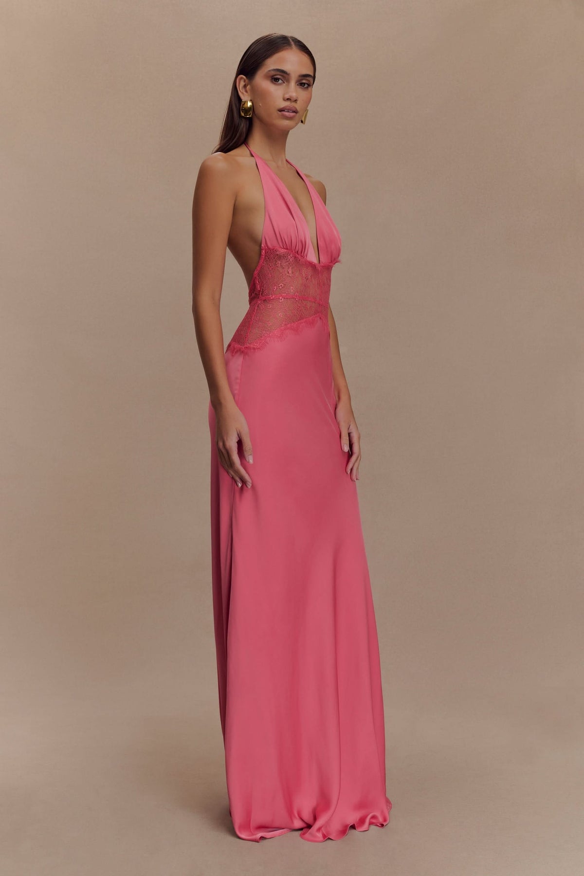 Women's Wedding Guest Halter Plunge Lace Waist Maxi Dress - product image 7