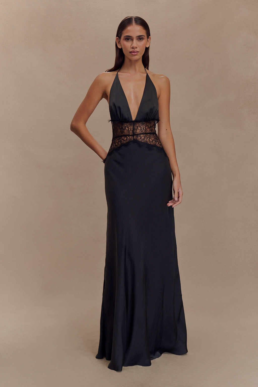 Women's Wedding Guest Halter Plunge Lace Waist Maxi Dress - product image 1