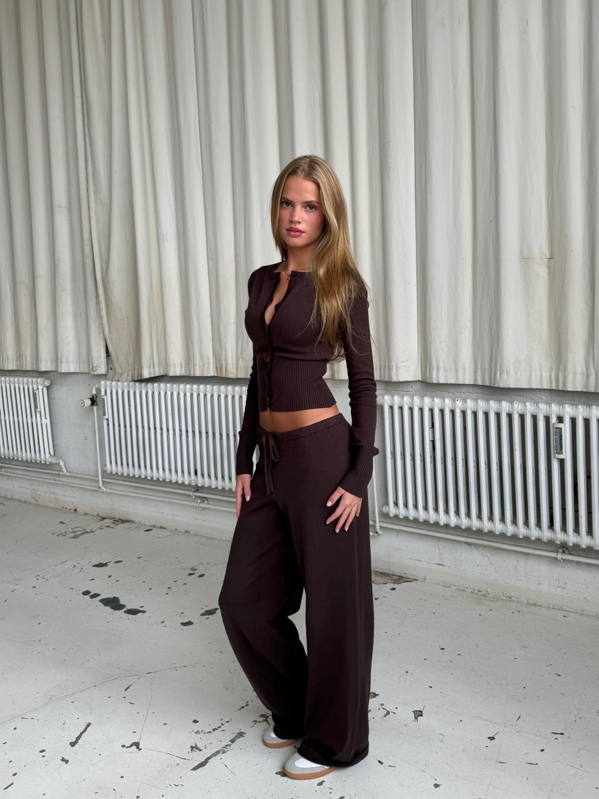 Chocolate brown ribbed knit cardigan and wide-leg trousers set