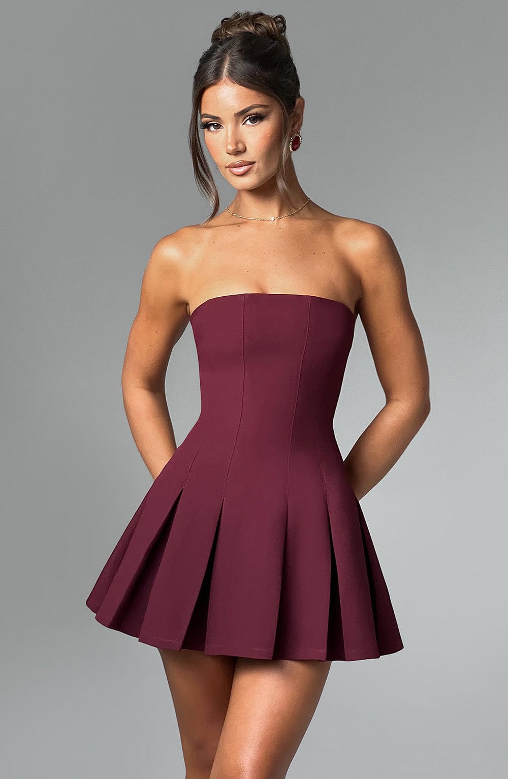 ESME | FLARED STRAPLESS MINI DRESS - Cherry