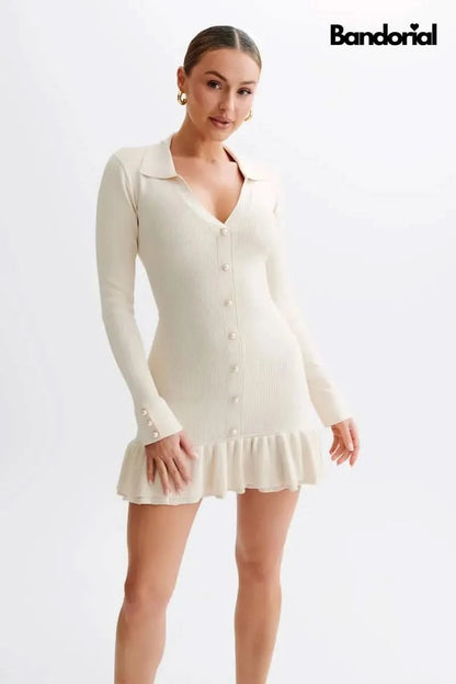 Cream button-front mini dress with V-neck collar and long sleeves for women