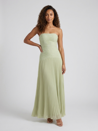 HONOR | PLEATED STRAPLESS MAXI DRESS - Sage Green