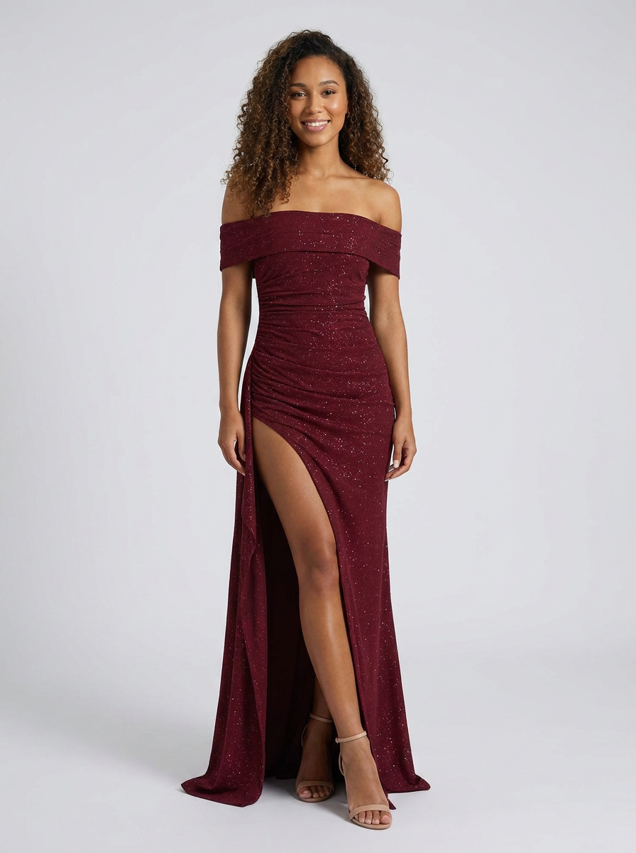 ISABELLA | RUCHED OFF MAXI DRESS - Wine Sparkle