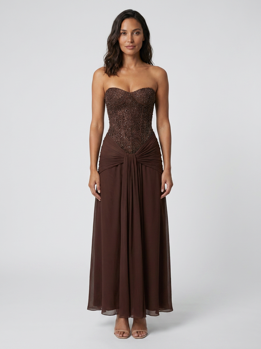 ALESSIA | CORSET STRAPLESS MAXI DRESS - Brown