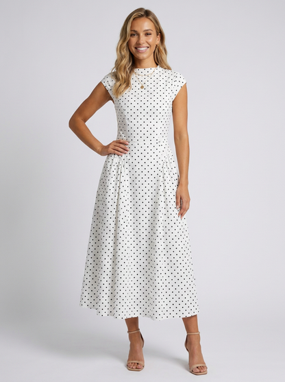 XENIA | ELEGANT MIDI DRESS - White Polka Dot