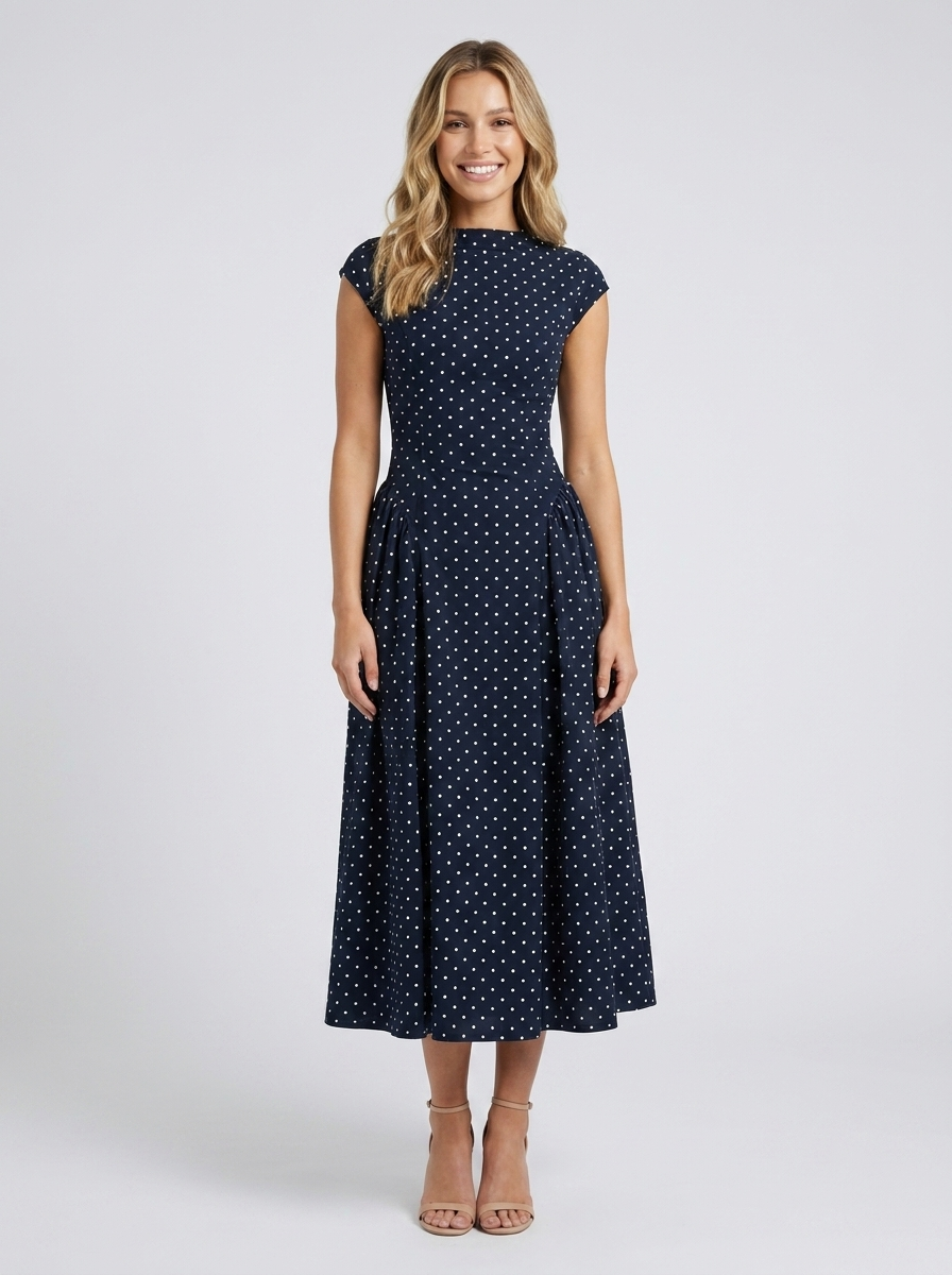 XENIA | ELEGANT MIDI DRESS - Navy Polka Dot