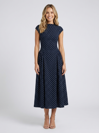 XENIA | ELEGANT MIDI DRESS - Navy Polka Dot