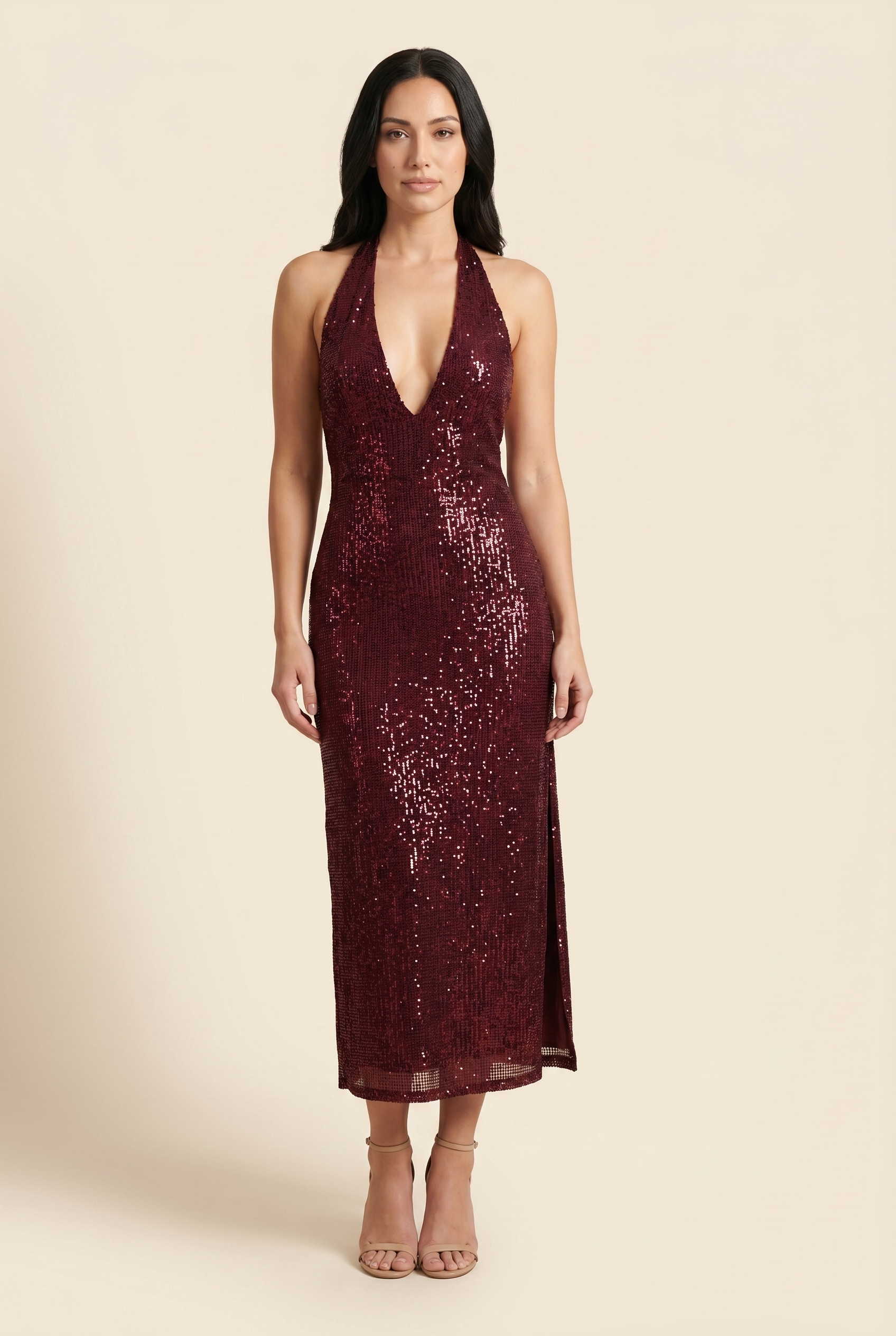 SELENA | EMBELLISHED HALTER MIDI DRESS