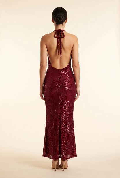 SELENA | EMBELLISHED HALTER MIDI DRESS