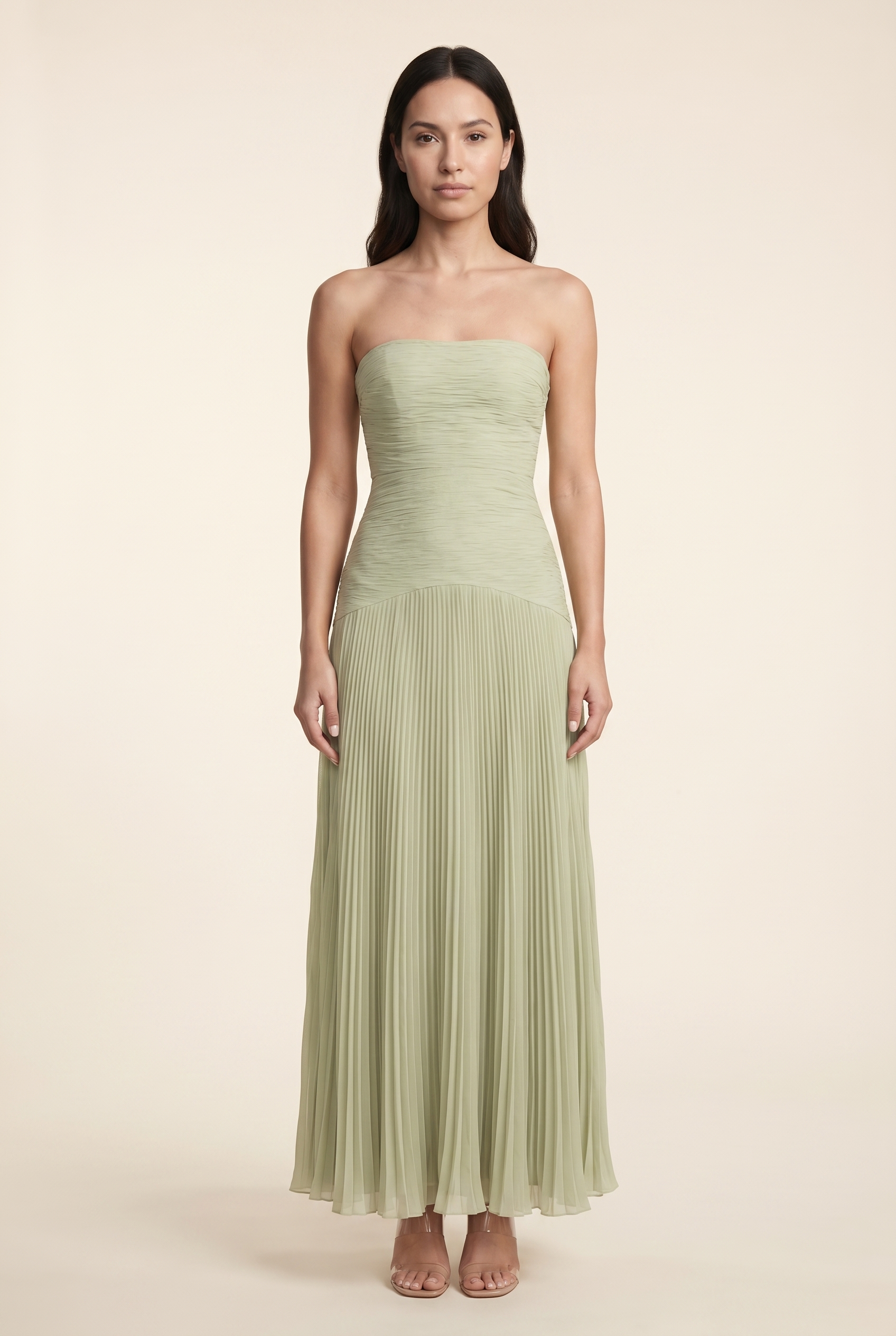 NELLIE | PLEATED STRAPLESS MAXI DRESS - Sage Green