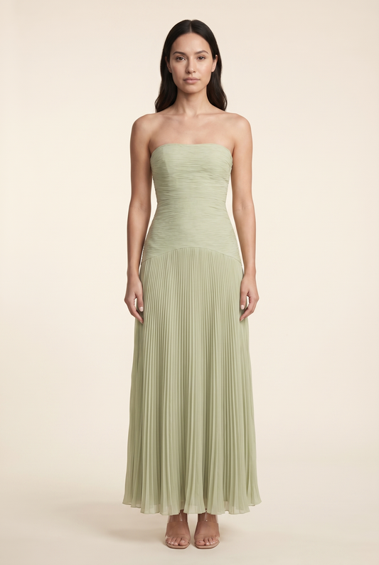 NELLIE | PLEATED STRAPLESS MAXI DRESS - Sage Green