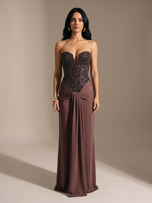 HENLEY | STRAPLESS EVENING GOWN - Khaki, front