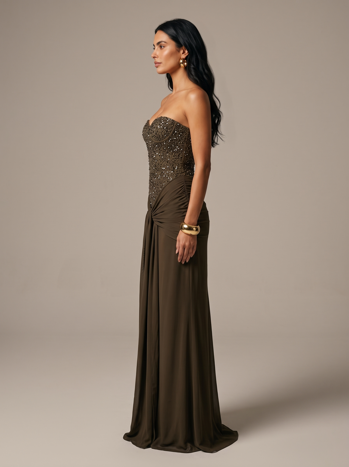 HENLEY | STRAPLESS EVENING GOWN - Khaki, side