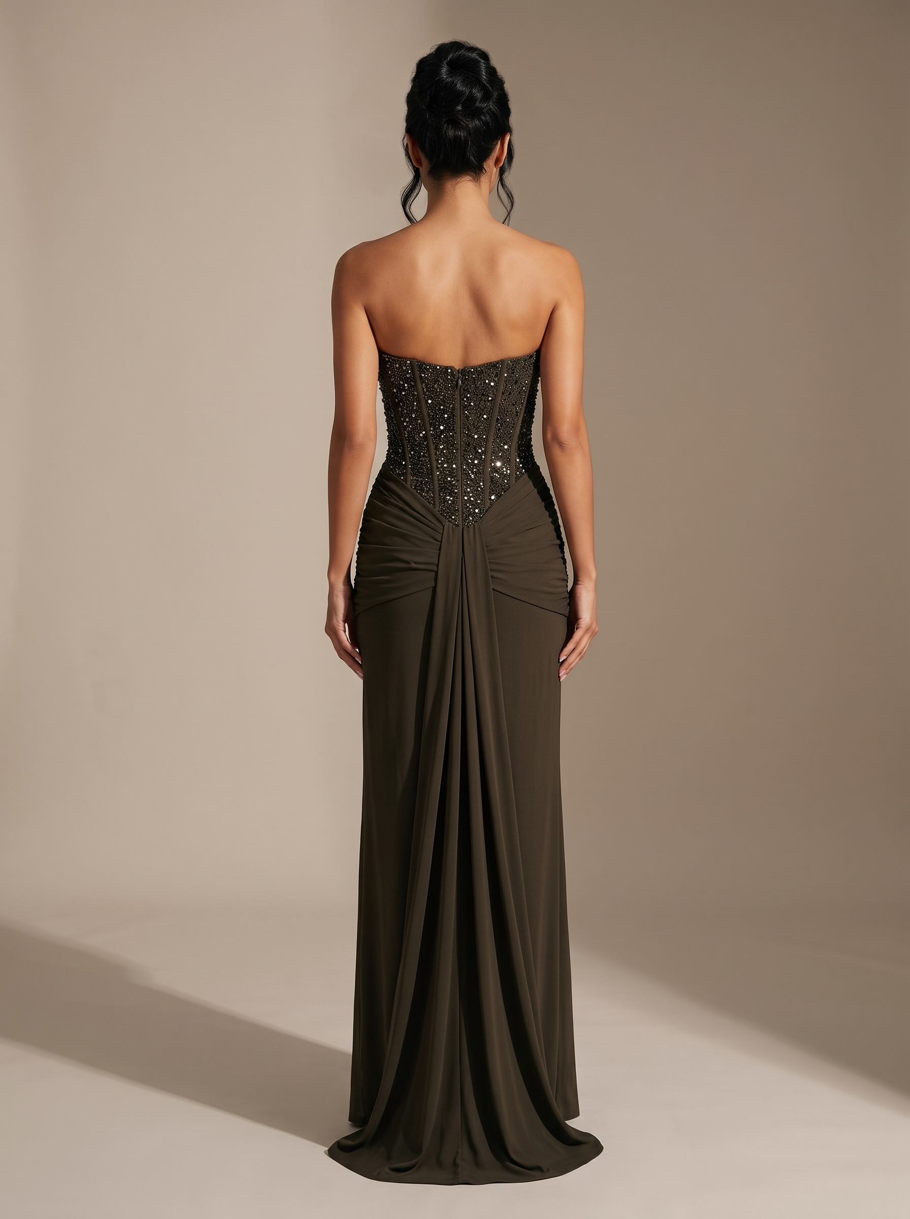 HENLEY | STRAPLESS EVENING GOWN - Khaki, back