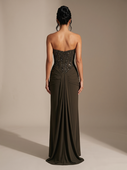 HENLEY | STRAPLESS EVENING GOWN - Khaki, back