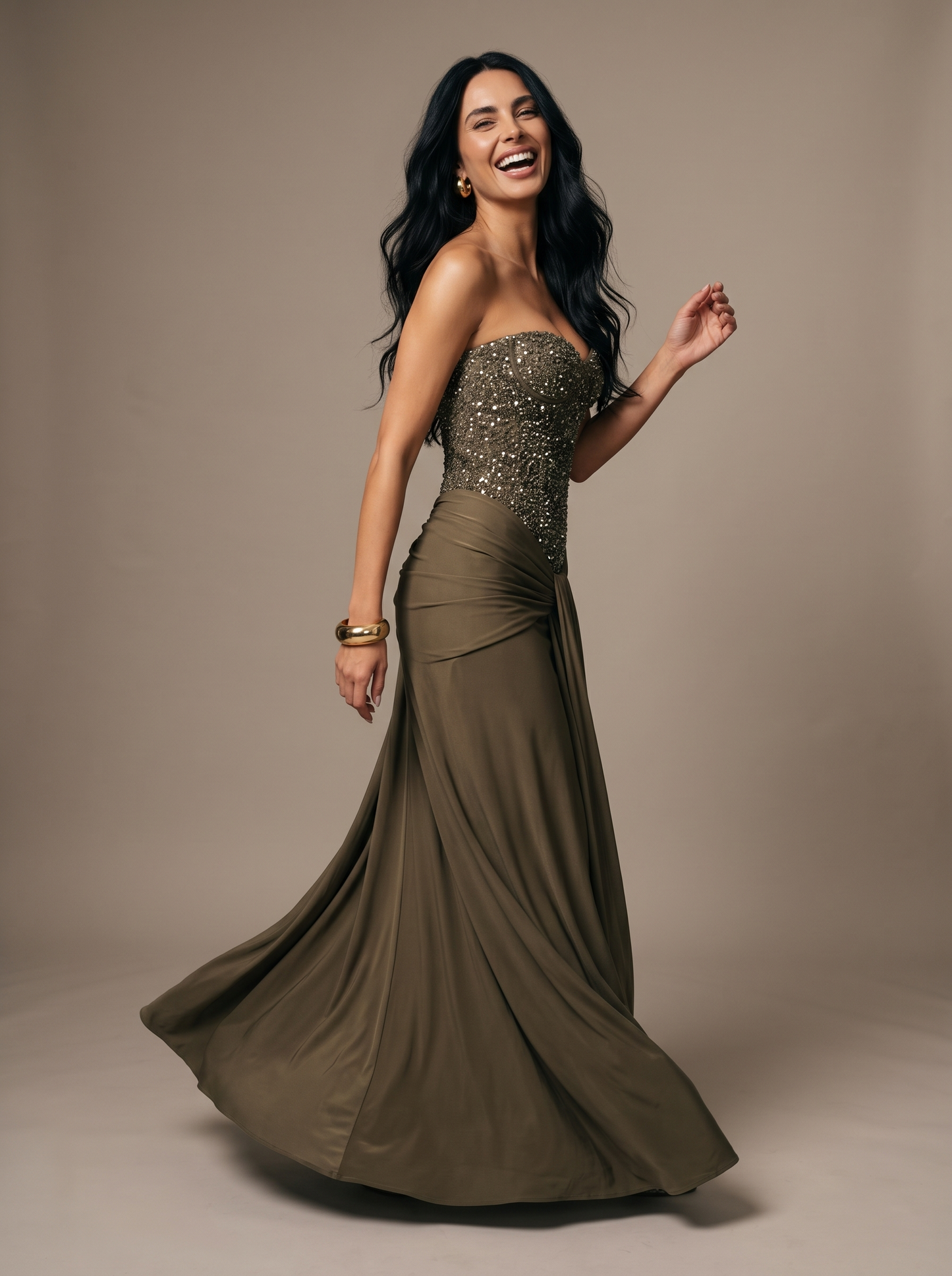 HENLEY | STRAPLESS EVENING GOWN - Khaki